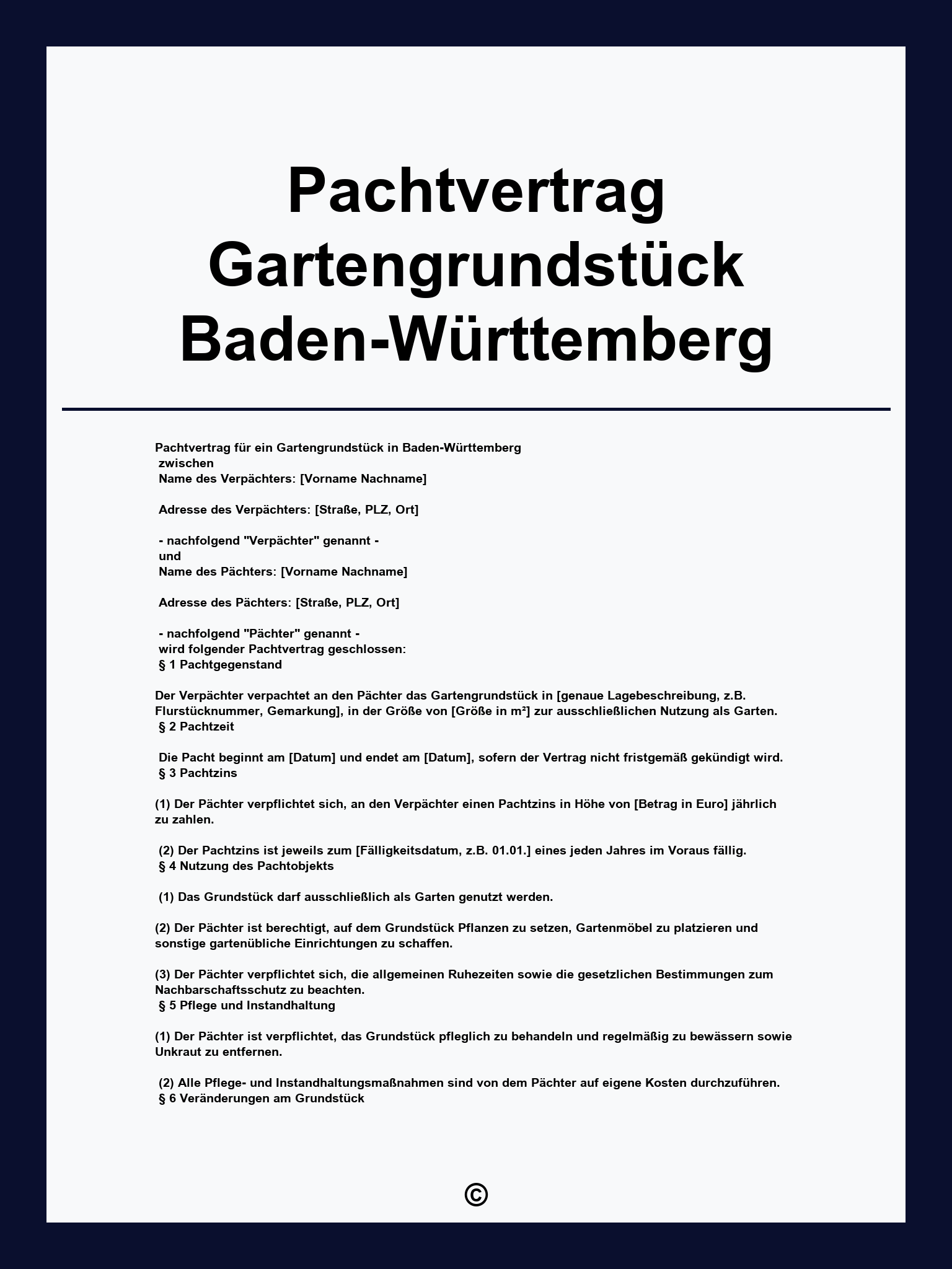 Pachtvertrag Gartengrundstück Baden-Württemberg